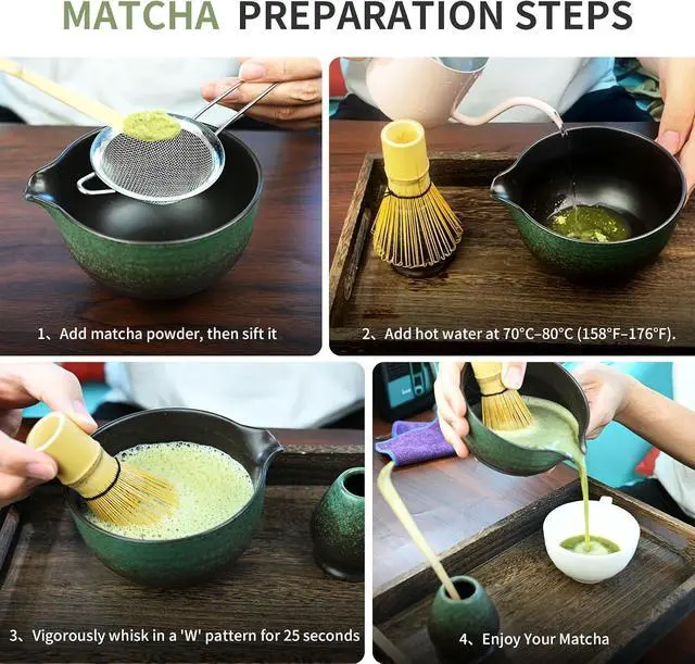 Alt view image 6 of 7 - Matcha Whisk Set,Matcha Set Includes Ceramic Bowl with Spout,Stainless Sifter,Scoop,Whisk and Holder,Complete 5 Pcs Japanese Matcha Kit Making Tools,Green