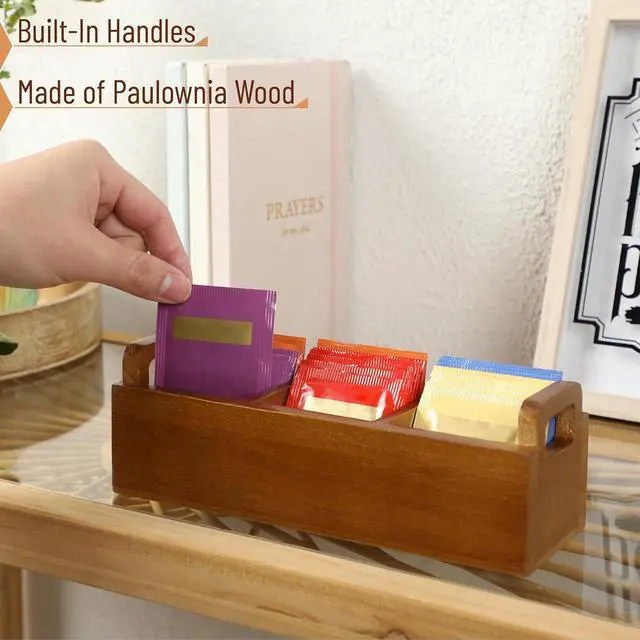 Alt view image 3 of 7 - BAMBOO LAND- Small Wooden Tea Bag Organizer, 3 Slot Small Wooden Tea Bag Holder for Countertop, Storage Caddy Box for Tea Packets, Sugar Packet Holder, Kitchen Accessory for Home, Office, Coffee Bar