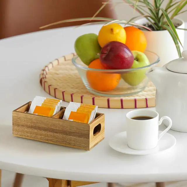 Alt view image 4 of 7 - Tea Bag Organizer, Acacia Wood Tea Bag Holder, Wide Compartments for Tea Bags, 2 Slots Tea Caddy, Tea Organizers Storage for Countertop & Drawer Storage