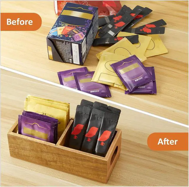 Alt view image 6 of 7 - Tea Bag Organizer, Acacia Wood Tea Bag Holder, Wide Compartments for Tea Bags, 2 Slots Tea Caddy, Tea Organizers Storage for Countertop & Drawer Storage
