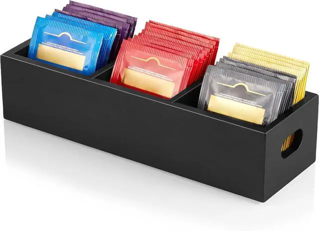 Main image of DRASTAR Tea Bag Organizer, Black Wooden Tea Bag Holder, Tea Storage Containers with 3 Slots, Sugar Packet Holder, Tea Bag Caddy Box for Countertop