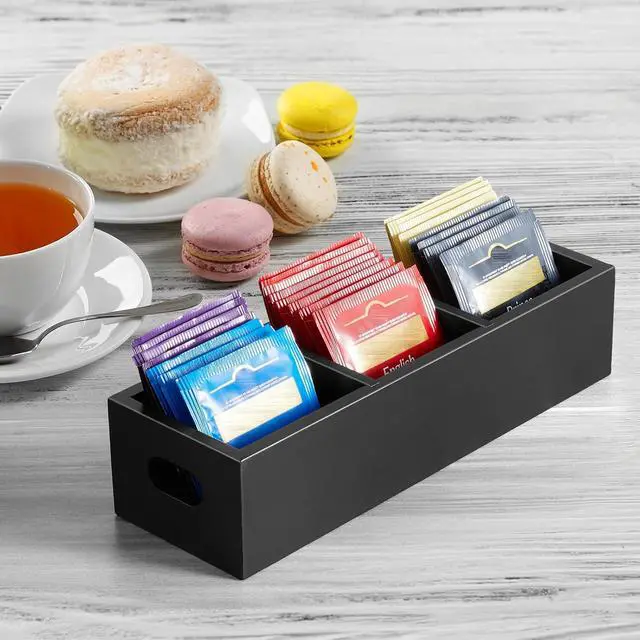 Alt view image 2 of 7 - DRASTAR Tea Bag Organizer, Black Wooden Tea Bag Holder, Tea Storage Containers with 3 Slots, Sugar Packet Holder, Tea Bag Caddy Box for Countertop