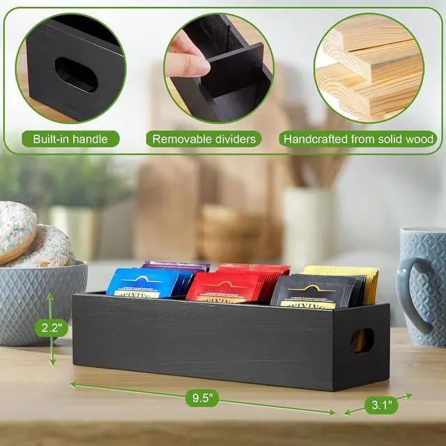 Alt view image 3 of 7 - DRASTAR Tea Bag Organizer, Black Wooden Tea Bag Holder, Tea Storage Containers with 3 Slots, Sugar Packet Holder, Tea Bag Caddy Box for Countertop