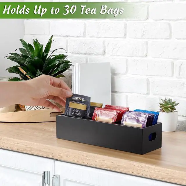 Alt view image 4 of 7 - DRASTAR Tea Bag Organizer, Black Wooden Tea Bag Holder, Tea Storage Containers with 3 Slots, Sugar Packet Holder, Tea Bag Caddy Box for Countertop