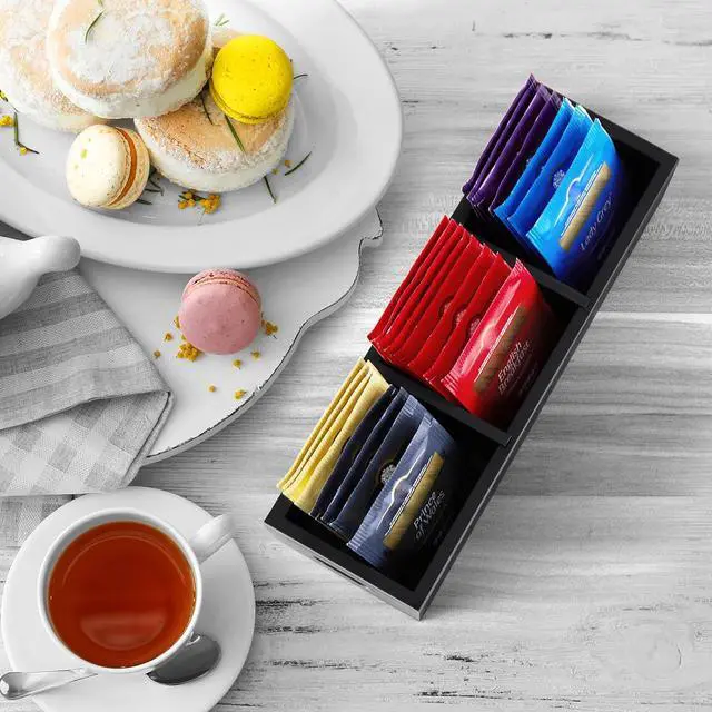 Alt view image 6 of 7 - DRASTAR Tea Bag Organizer, Black Wooden Tea Bag Holder, Tea Storage Containers with 3 Slots, Sugar Packet Holder, Tea Bag Caddy Box for Countertop