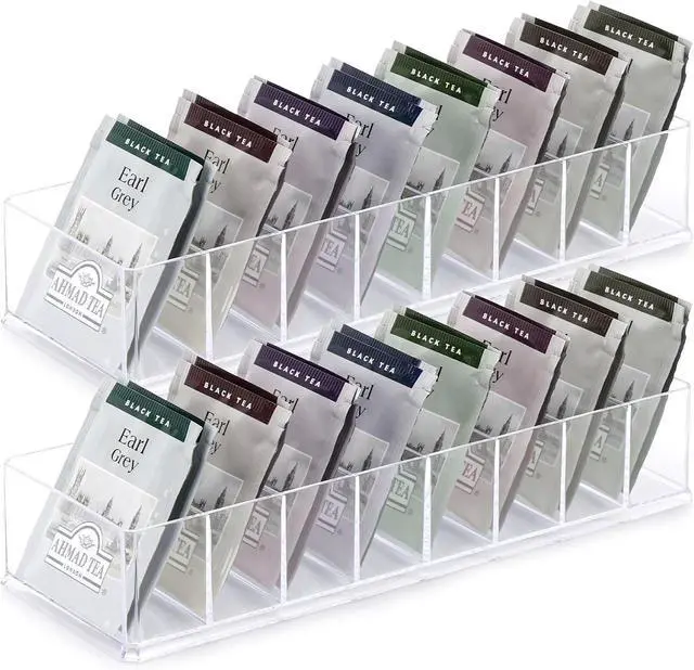 Main image of 2 Pack Tea Bag Organizer, Clear Acrylic Tea Bag Holder, Tea Packet Storage Containers with 8 Slots for Drawer, Pantry, Kitchen, Fridge Bins, Countertop10"x3.5"x1.8"
