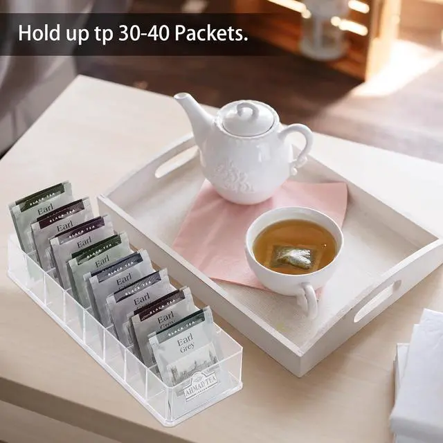 Alt view image 3 of 7 - 2 Pack Tea Bag Organizer, Clear Acrylic Tea Bag Holder, Tea Packet Storage Containers with 8 Slots for Drawer, Pantry, Kitchen, Fridge Bins, Countertop10"x3.5"x1.8"