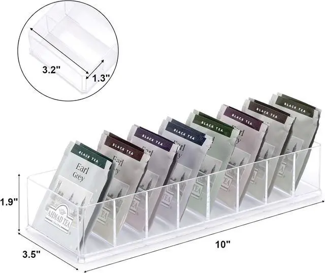 Alt view image 2 of 7 - 2 Pack Tea Bag Organizer, Clear Acrylic Tea Bag Holder, Tea Packet Storage Containers with 8 Slots for Drawer, Pantry, Kitchen, Fridge Bins, Countertop10"x3.5"x1.8"