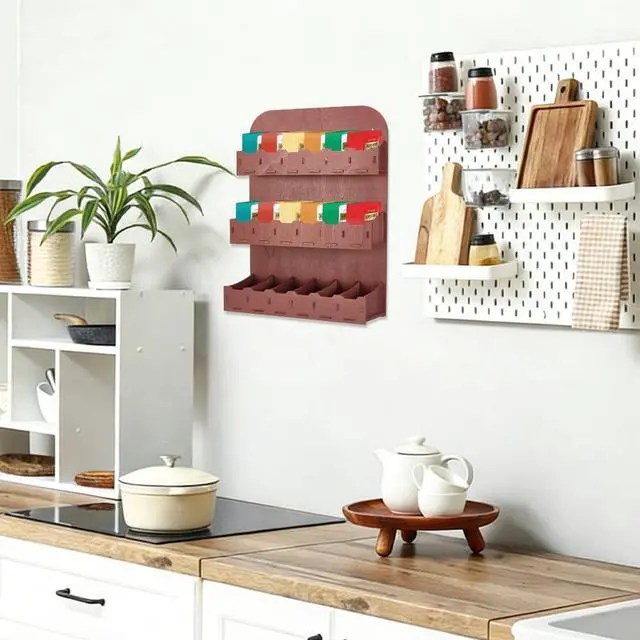 Alt view image 4 of 5 - UNICRAFTALE 3-Tier Wood Tea Bag Holder 3 Sizes Brown Vertical Tea Bag Organizer Storage Holder Wall Mounted Tea Box Containers Teabag Station Stand for Cabinet Countertop Office 10.62"x14.17"x3.54"