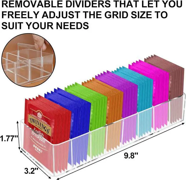 Alt view image 2 of 7 - Acrylic Tea Bag Organizer, Clear Small Tea Packet Storage Box Clear Holder with 8 Slot, for Drawer, Countertop, Pantry, Kitchen, Cabinet, Shelf, 1 Pack (Removable partition)