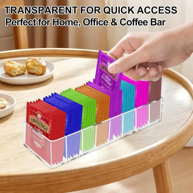 Alt view image 5 of 7 - Acrylic Tea Bag Organizer, Clear Small Tea Packet Storage Box Clear Holder with 8 Slot, for Drawer, Countertop, Pantry, Kitchen, Cabinet, Shelf, 1 Pack (Removable partition)