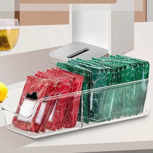 Alt view image 3 of 7 - Durable Clear Tea Bag Organizer,Large Capacity 2 Divided Section Tea Bag Holder,Multipurpose Plastic Tea Packet Drawer for Kitchen Cabinet Fridge