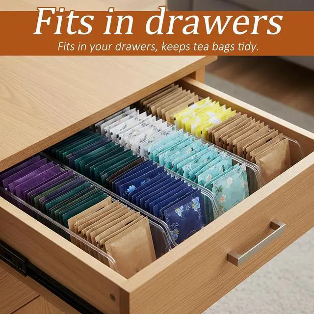 Alt view image 5 of 7 - Small Clear Acrylic Tea Bag Storage Organizer, Acrylic Drink Packet Organizer, Clear Small Tea Packet Storage Box for Drawer, Pantry, Kitchen, Countertop, Tea Bar, 1 Pack