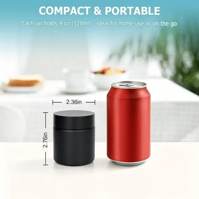 Alt view image 2 of 7 - Smell Proof Jar(4 oz),4 Pack Air Tight Herb Container,Thick UV Resistant Jar with Child-Resistant Lid,Black Glass Storage Jars for Coffee/Herb/Tea
