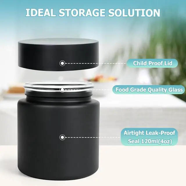 Alt view image 3 of 7 - Smell Proof Jar(4 oz),4 Pack Air Tight Herb Container,Thick UV Resistant Jar with Child-Resistant Lid,Black Glass Storage Jars for Coffee/Herb/Tea
