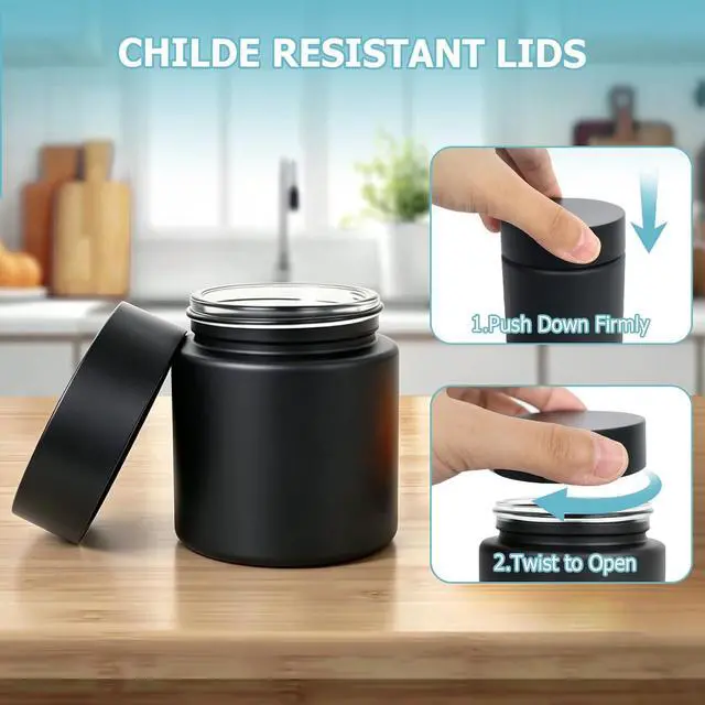Alt view image 4 of 7 - Smell Proof Jar(4 oz),4 Pack Air Tight Herb Container,Thick UV Resistant Jar with Child-Resistant Lid,Black Glass Storage Jars for Coffee/Herb/Tea