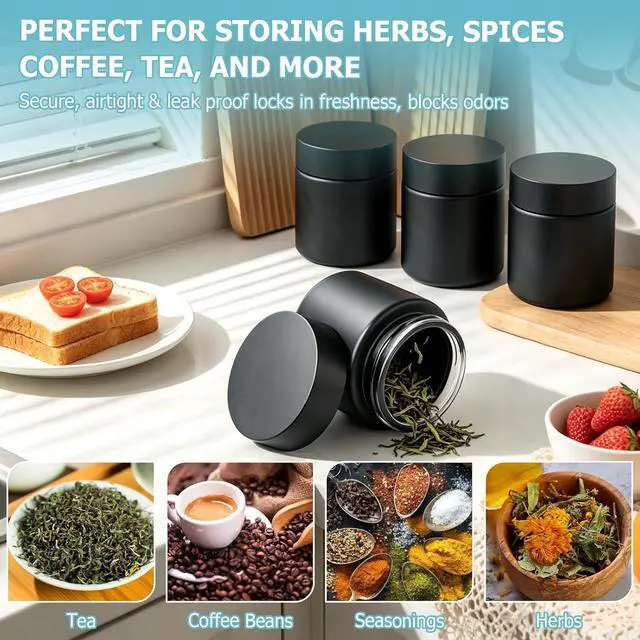 Alt view image 7 of 7 - Smell Proof Jar(4 oz),4 Pack Air Tight Herb Container,Thick UV Resistant Jar with Child-Resistant Lid,Black Glass Storage Jars for Coffee/Herb/Tea