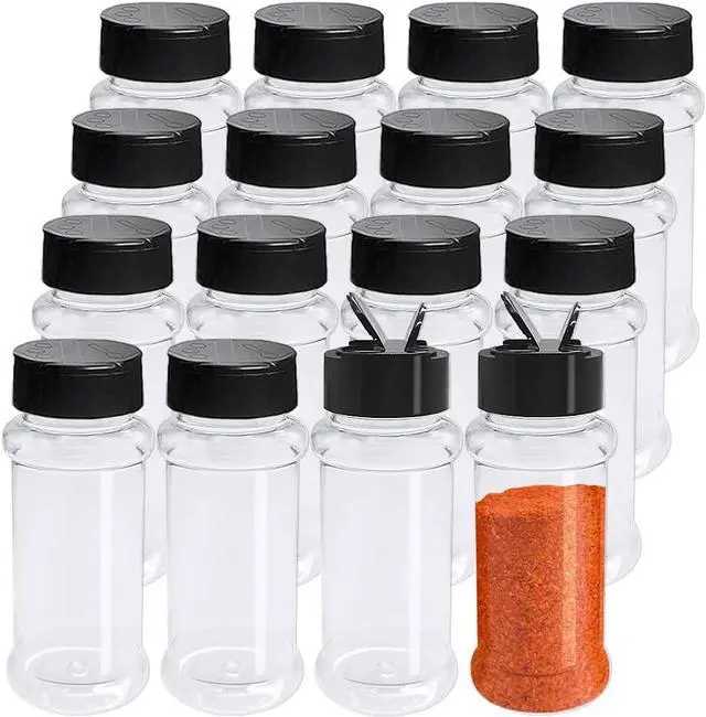 Main image of OJYUDD 16 Pack 3.4oz/100ml Plastic Spice Bottles Set,Empty Seasoning Containers with Black Cap,Clear Reusable Containers Jars for Spice,Herbs,Powders,Glitters
