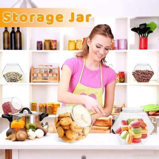 Alt view image 4 of 7 - Plastic Candy Jar,72oz Clear Cookies Jars with Lids Hexagon Dry Food Container for Kitchen,Candies,Cookies,Dog Treats,Laundry Pods,Coffee Pods