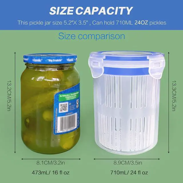Alt view image 2 of 7 - KIKINIKO Pickle Jar 24 oz pickle container with strainer Pickle Holder Keeper Lifter, pickle storage container suitable for pickling small jars of kimchi, Flip Jar with Leak Proof and Lock It Lid