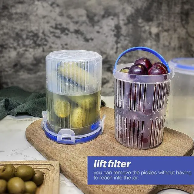Alt view image 6 of 7 - KIKINIKO Pickle Jar 24 oz pickle container with strainer Pickle Holder Keeper Lifter, pickle storage container suitable for pickling small jars of kimchi, Flip Jar with Leak Proof and Lock It Lid