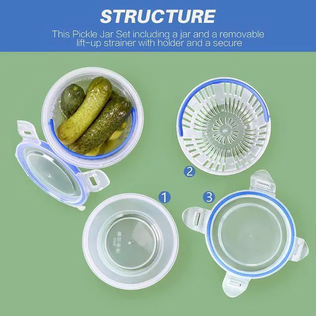 Alt view image 3 of 7 - KIKINIKO Pickle Jar 24 oz pickle container with strainer Pickle Holder Keeper Lifter, pickle storage container suitable for pickling small jars of kimchi, Flip Jar with Leak Proof and Lock It Lid