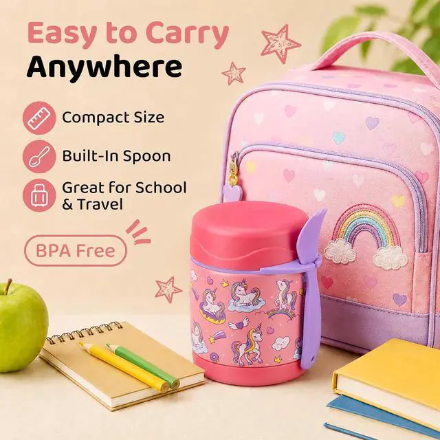 Alt view image 6 of 7 - 10oz Soup Thermo for Hot Food Kids Insulated Food Jar,Thermo Hot Food Lunch Container, Width Mouth Stainless Steel Lunch Box for Kids with Spoon (Pink-Cute Horse)
