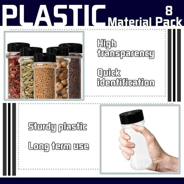Alt view image 3 of 7 - 8 Pack 5.5 Oz Plastic Round Spice Bottles with Black Shaker Lids,Reusable Seasoning Containers Jars,Clear Plastic Bottle Containers with Shaker Lids for Powders,Spice,Herbs,Glitters