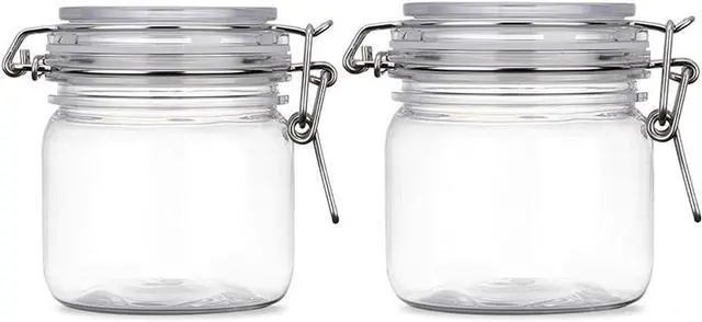 Main image of 2 Pcs 10 Oz/300ml PET Plastic Storage Jars with Airtight Hinged Lids,Durable Clear Wide Mouth canning Jars for Food Storage Oats Canning Cereal Pasta Sugar Coffee Nuts Spices