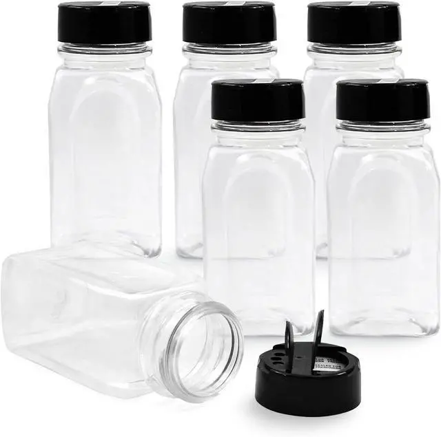 Main image of RoyalHouse 6 Pack 9.5 Oz Plastic Spice Jars with Black Cap, Clear and Safe Plastic Bottle Containers with Shaker Lids for Storing Spice, Herbs and Seasoning Powders, BPA Free, Made in USA