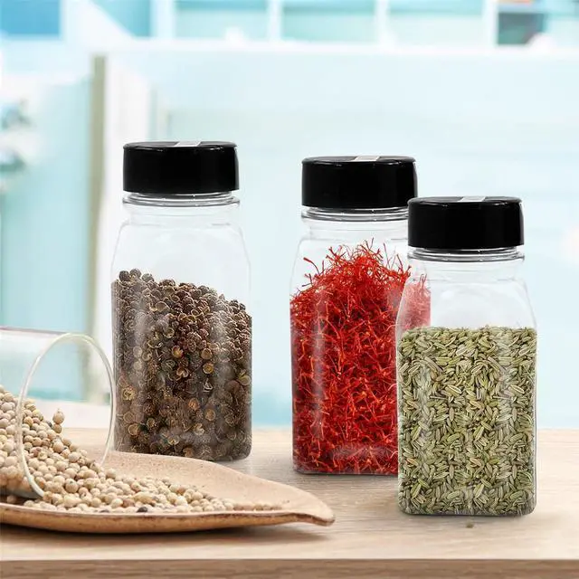 Alt view image 5 of 7 - RoyalHouse 6 Pack 9.5 Oz Plastic Spice Jars with Black Cap, Clear and Safe Plastic Bottle Containers with Shaker Lids for Storing Spice, Herbs and Seasoning Powders, BPA Free, Made in USA