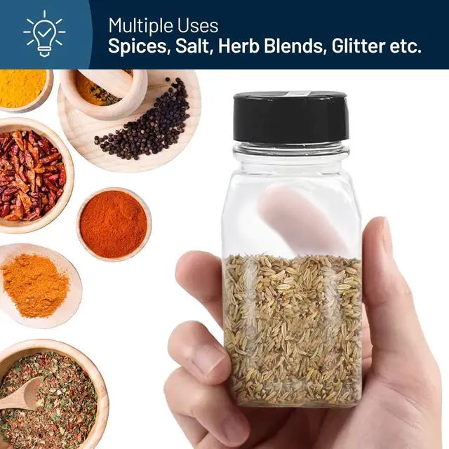 Alt view image 4 of 7 - RoyalHouse 6 Pack 9.5 Oz Plastic Spice Jars with Black Cap, Clear and Safe Plastic Bottle Containers with Shaker Lids for Storing Spice, Herbs and Seasoning Powders, BPA Free, Made in USA