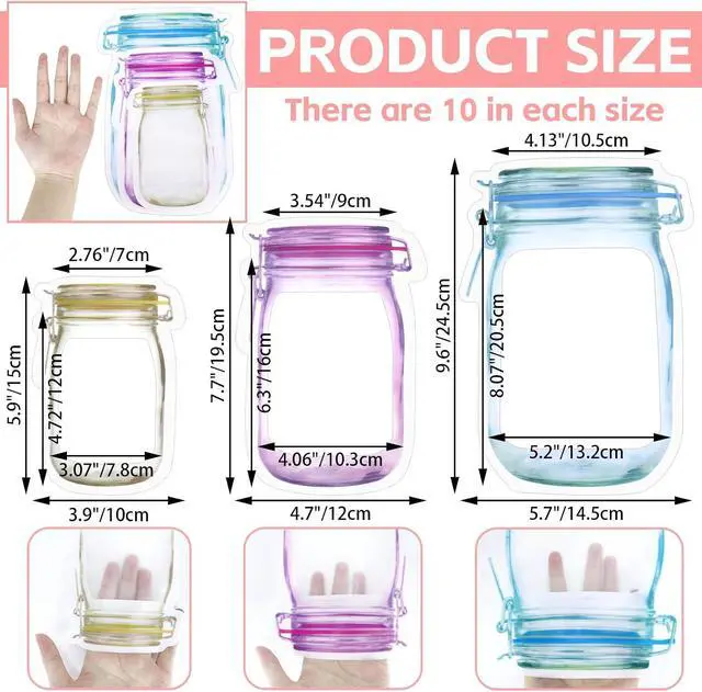 Alt view image 2 of 7 - Fireboomoon 30 PCS Multi-Size Mason Jar Bottle Pattern Zipper Bags,Reusable Airtight Seal Leak-Proof Portable Food Snack Save Storage Pouch Bag for Travel Picnic Camping and Kids