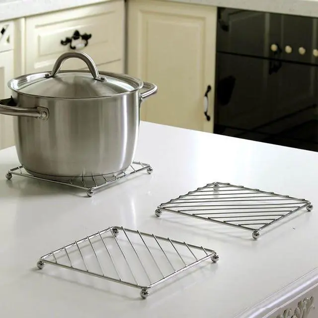 Alt view image 2 of 6 - 2Pcs Stainless Steel Trivets Rack Stand Square Heat Resistant Pan Pot Holder Cooling Steaming Rack for Hot Dishes, Pot and Pan Holder, Silver