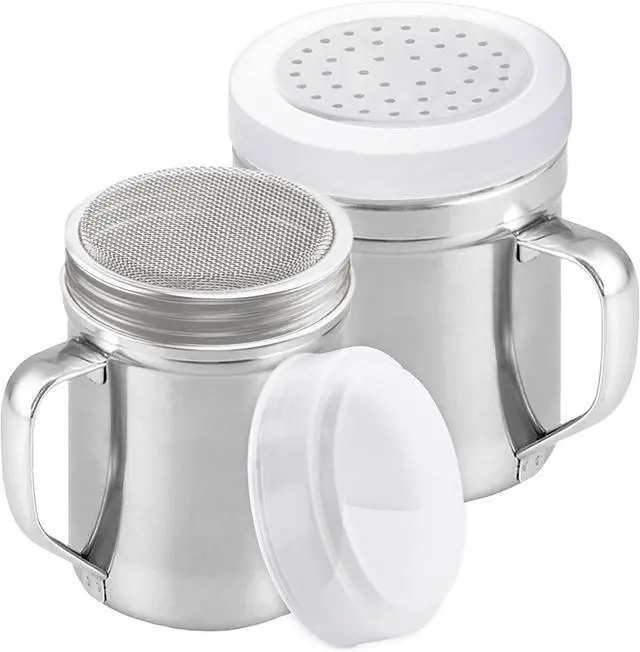 Main image of CUSINIUM 6oz Fine Mesh + 10oz Medium Holes Dredges - With Lids - With Handles - Flour Shaker Duster Set - Confection Sugar Shakers