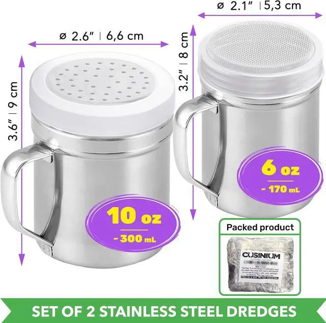 Alt view image 2 of 5 - CUSINIUM 6oz Fine Mesh + 10oz Medium Holes Dredges - With Lids - With Handles - Flour Shaker Duster Set - Confection Sugar Shakers