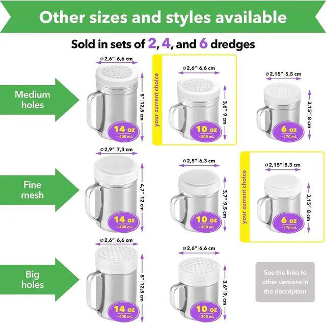 Alt view image 4 of 5 - CUSINIUM 6oz Fine Mesh + 10oz Medium Holes Dredges - With Lids - With Handles - Flour Shaker Duster Set - Confection Sugar Shakers
