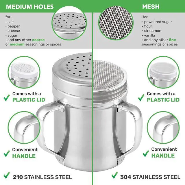 Alt view image 3 of 5 - CUSINIUM 6oz Fine Mesh + 10oz Medium Holes Dredges - With Lids - With Handles - Flour Shaker Duster Set - Confection Sugar Shakers