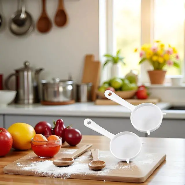 Alt view image 5 of 7 - 2 Pcs Small White Mesh Kitchen Sifter - Plastic Mesh Strainers Sieve,Colanders and Sieve with Handle for Tea Pasta Flour Rice Fruits Vegetable, Food Strainers