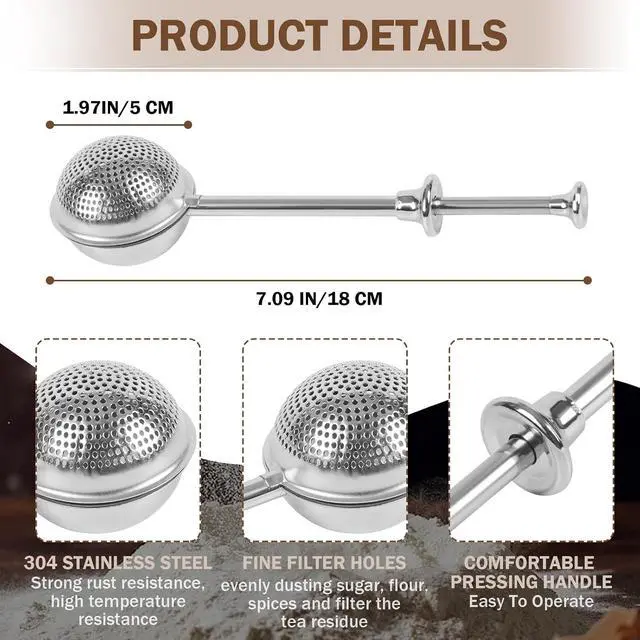 Alt view image 4 of 7 - 2pcs Stainless Steel Loose Tea Leaf Steeper&Sugar Shaker Duster Sifter 2 in 1, tea ball for loose leaf tea,tea strainers One-Hand Operated Spring-Loaded