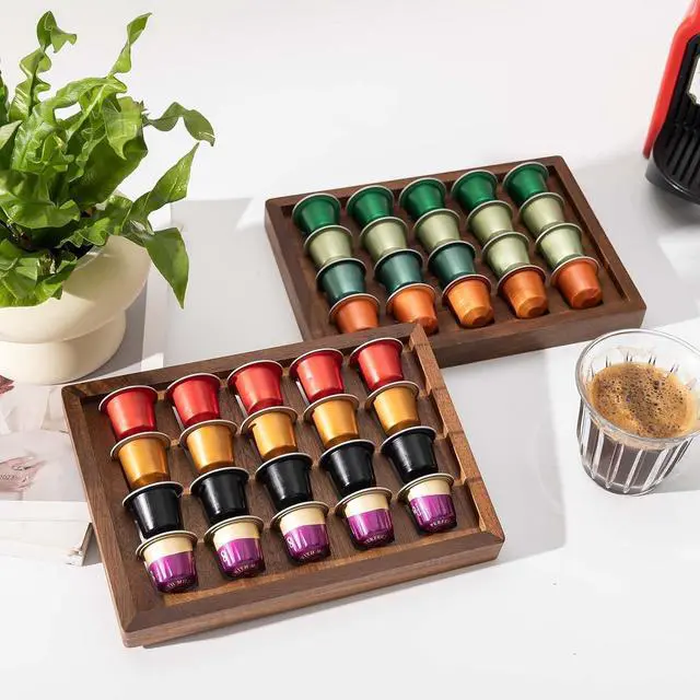 Alt view image 6 of 6 - 2 PCS Acacia Wood Coffee Pod Holder Tray Compatible with Nespresso Original Line, Organizer, Storage, Container, Capsule Cup Holder for Countertop or Drawer, Total 40 Pods Capacity