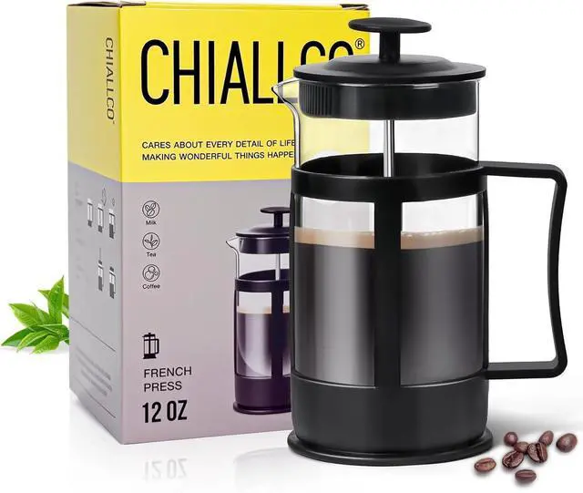 Main image of Chiallco Mini French Press Coffee Maker, Heat Resistant Thickened Borosilicate Classic Glass Stainless Steel Coffee Press, 12OZ Heat Cold Brew Coffee Pot Tea Press for Kitchen Travel CampingBlack