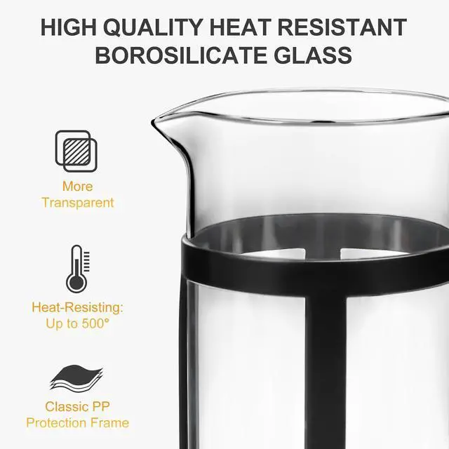 Alt view image 2 of 7 - Chiallco Mini French Press Coffee Maker, Heat Resistant Thickened Borosilicate Classic Glass Stainless Steel Coffee Press, 12OZ Heat Cold Brew Coffee Pot Tea Press for Kitchen Travel CampingBlack