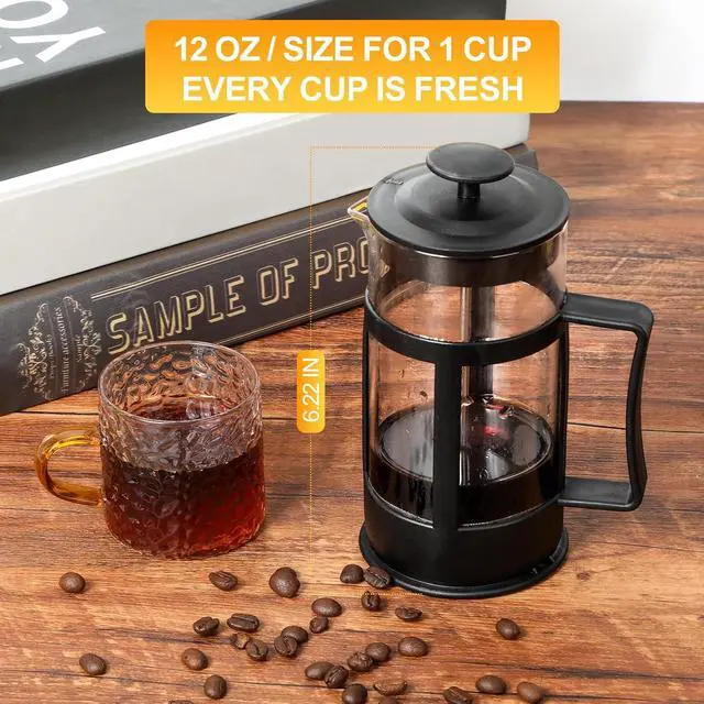 Alt view image 5 of 7 - Chiallco Mini French Press Coffee Maker, Heat Resistant Thickened Borosilicate Classic Glass Stainless Steel Coffee Press, 12OZ Heat Cold Brew Coffee Pot Tea Press for Kitchen Travel CampingBlack