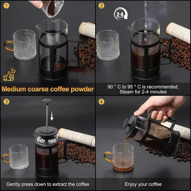 Alt view image 6 of 7 - Chiallco Mini French Press Coffee Maker, Heat Resistant Thickened Borosilicate Classic Glass Stainless Steel Coffee Press, 12OZ Heat Cold Brew Coffee Pot Tea Press for Kitchen Travel CampingBlack