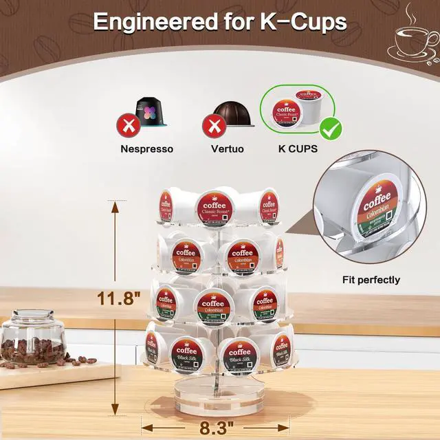 Alt view image 2 of 7 - K Cup Holder, Acrylic Coffee Pod Carousel 30 Pods Holder Stand Spins 360-Degrees Transparent for Home or Office Kitchen Counter Organizer