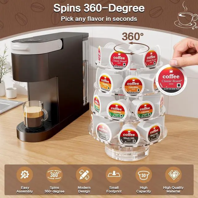 Alt view image 4 of 7 - K Cup Holder, Acrylic Coffee Pod Carousel 30 Pods Holder Stand Spins 360-Degrees Transparent for Home or Office Kitchen Counter Organizer