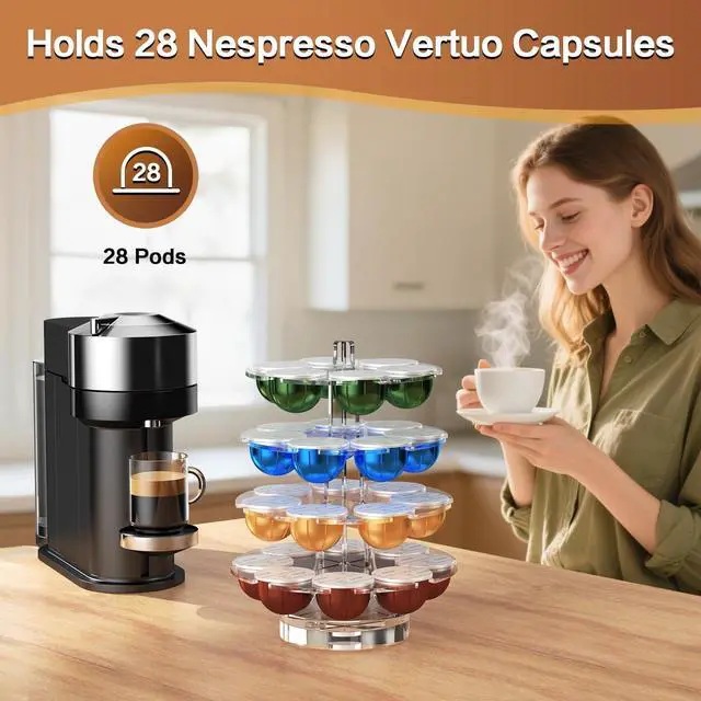 Alt view image 6 of 7 - Coffee Pods Holder Acrylic Carousel Stand Compatible with 28 Nespresso Vertuo Capsules And Dolce Gusto Capsules Storage Organizer for Small Countertop