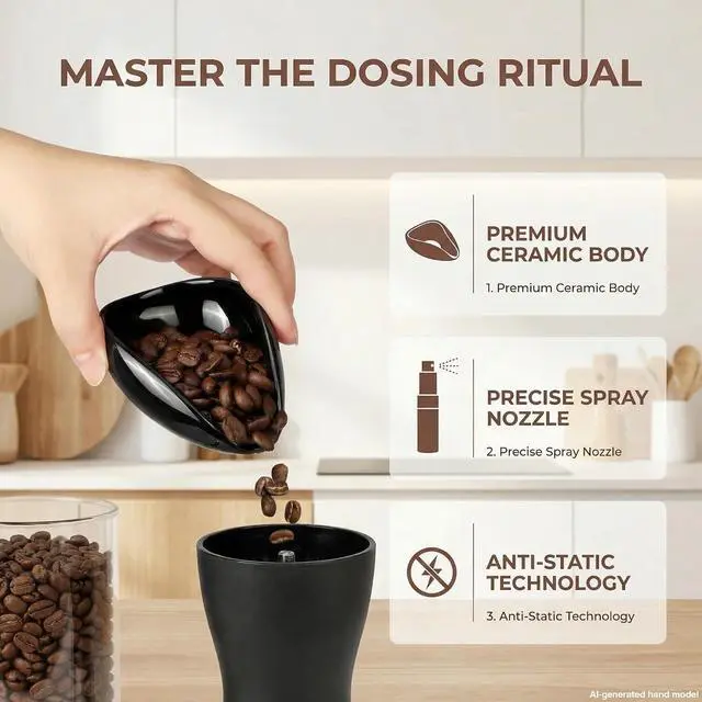 Alt view image 7 of 7 - Coffee Bean Dosing Cup and Spray Bottle Set, Ceramic Coffee Dosing Cup with Coffee Bean Spritzer, Espresso Spray Bottle to Help Reduce Static, Black