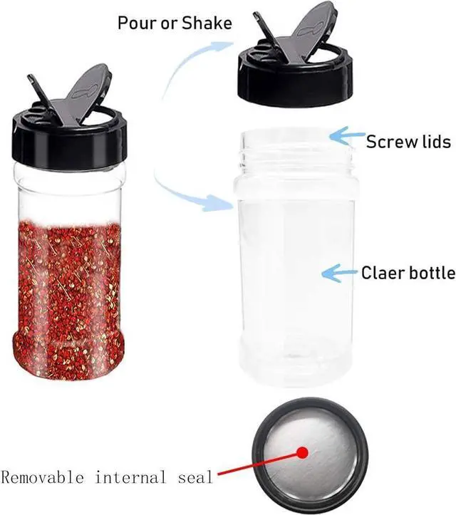 Alt view image 2 of 6 - 16 PCS 3.5oz Plastic Seasoning Containers with Black Screw Lids to Pour or Shake,Portable Empty Clear Spice Jars,Storage Seasoning Containers for Spice,Powders,Peppers